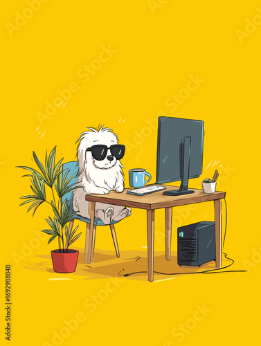 Funny Dog Wearing Sunglasses Working at Computer Desk – cartoon dog freelancer illustration