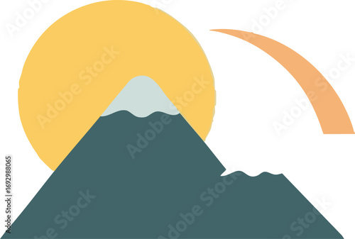 Mountain Vector Illustration with Sun and Geometric Shapes in Modern Flat Style