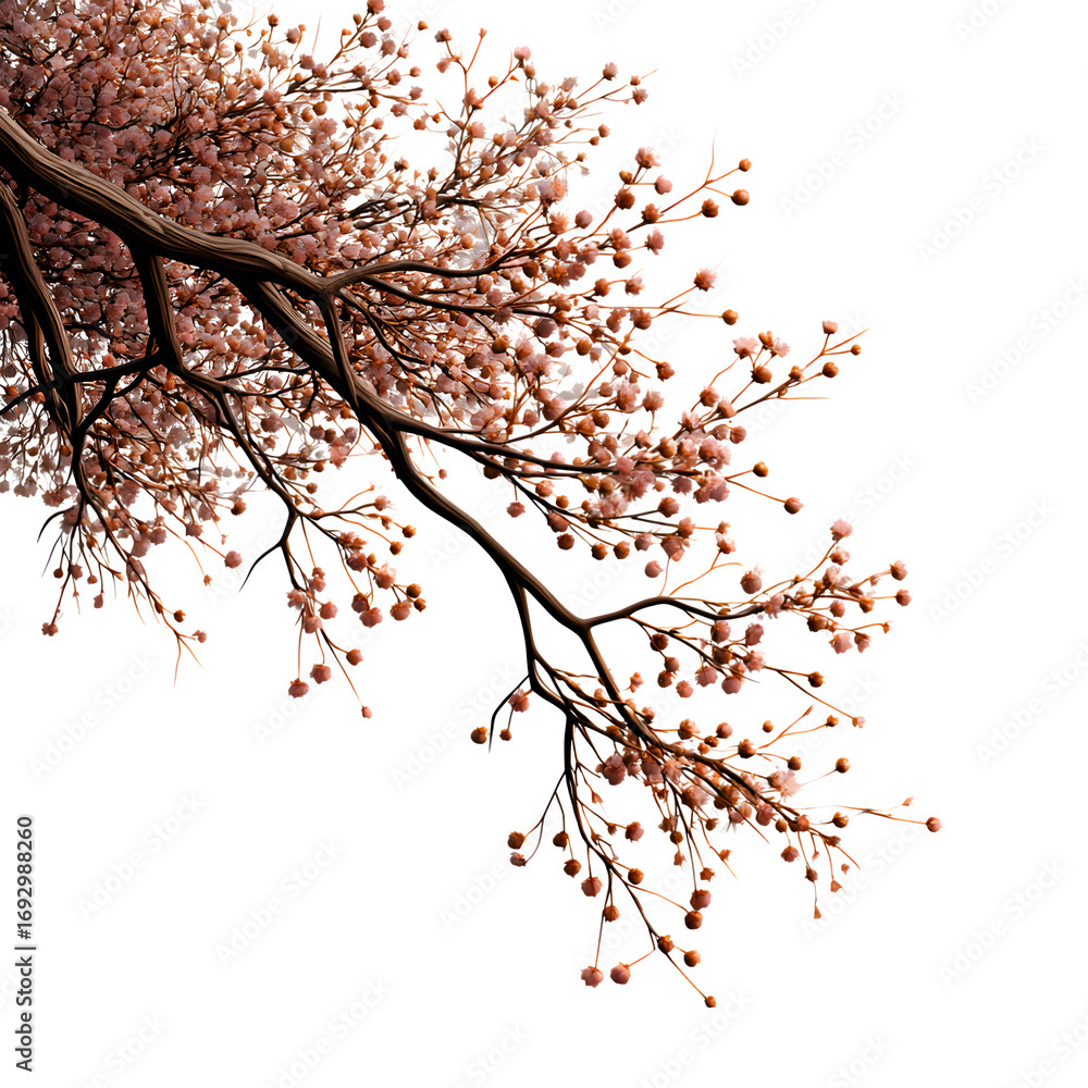 Fototapeta premium Fine line tree branch overlay with small buds and soft linework, isolated, transparent background, no shadows, PNG look
