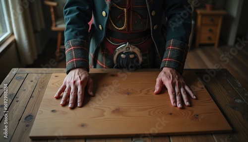Person in traditional outfit placing hands on wooden table indoors  