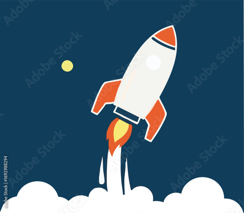 Cartoon Rocket Vector Illustration with Orange Accents and Moon in Blue Night Sky Ideal for Children's Design