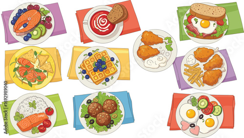 Colorful illustrated plates of diverse meals including breakfast, lunch, and dinner with vegetables, proteins, grains, and artistic food presentation