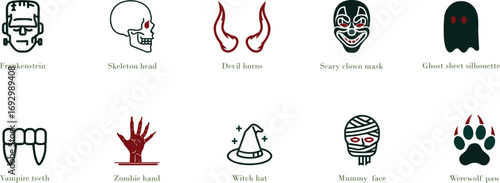 Collection of Halloween icons featuring monsters and spooky characters for design projects vector
