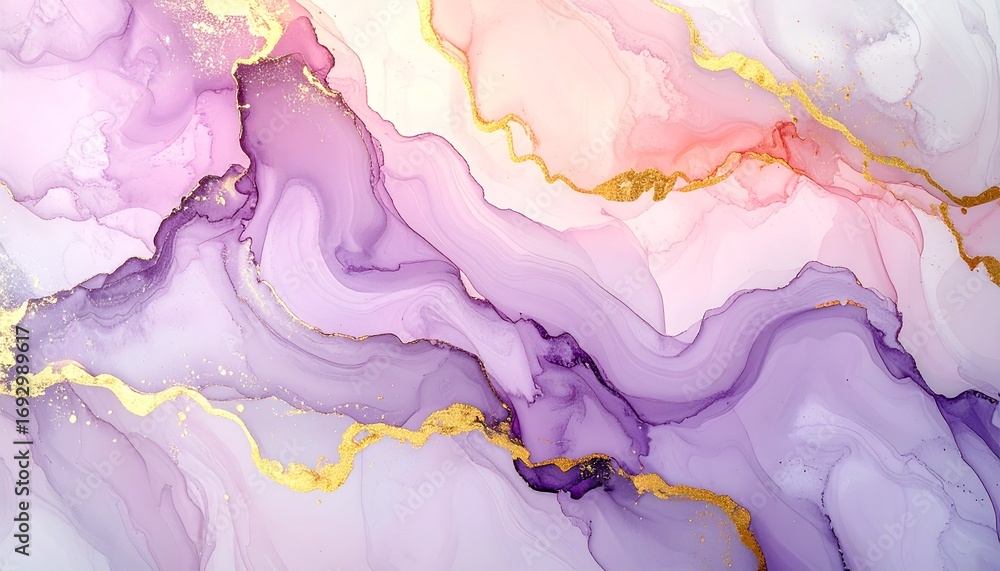 Fototapeta premium ゴールドが煌めく紫色の抽象インクテクスチャ背景 Abstract Purple Ink Texture Background with Shimmering Gold 