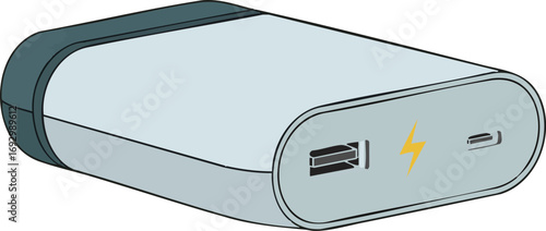 Modern Power Bank Vector Illustration with USB Ports and Lightning Symbol in Gray Scale