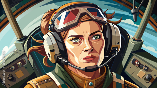 Close-up portrait of female pilot wearing headset in cockpit seat. Isolated background emphasizes confidence, ambition, and the timeless spirit of flying.
