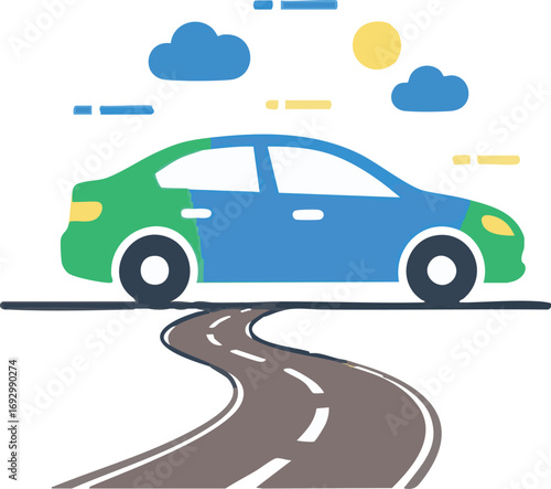 Illustration Art Vector Design featuring Car on Road with Blue and Green in a Flat Style