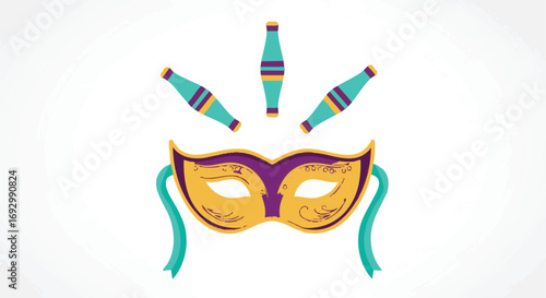 Mardi Gras Vector Illustration with Mask Juggling Pins in Purple Gold and Teal Hand Drawn Style