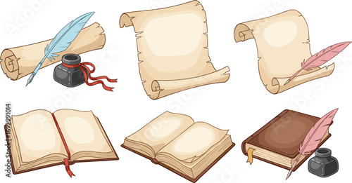 Vintage writing tools and books with parchment scrolls, quills, ink bottles, open and closed books for literature and education illustration