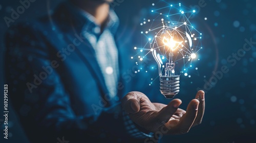 Businessman with illuminated lightbulb featuring ai symbol, symbolizing innovation and future tech