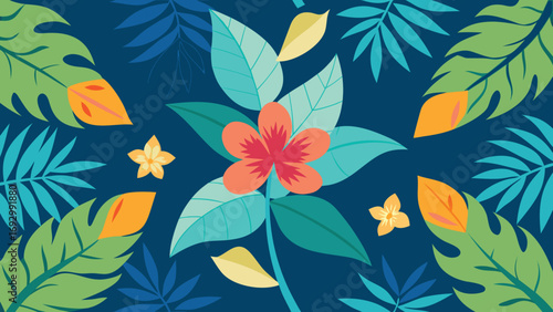 Wallpaper Mural Tropical Leaves And Flowers On Dark Blue Background nature Torontodigital.ca