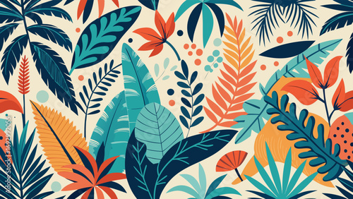 Tropical Leaves and Foliage Pattern with Abstract Shapes on Cream Background vector illustration