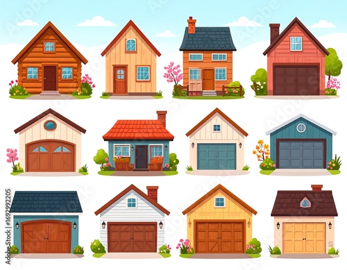 Colorful collection of cartoon houses and garages