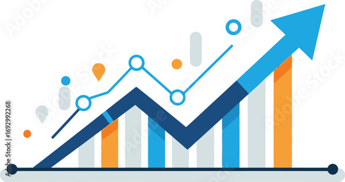 A vector illustration of a business chart with an arrow pointing upwards isolated on white background