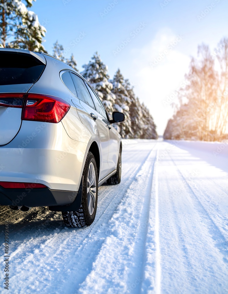 Naklejka premium Snowy road, car in winter