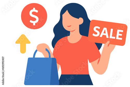 Woman holding sale sign and shopping bag with dollar symbol Model deploy
