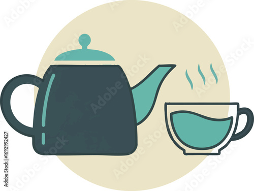Illustration Vector of Teapot and Tea Cup with Steam in Modern Style