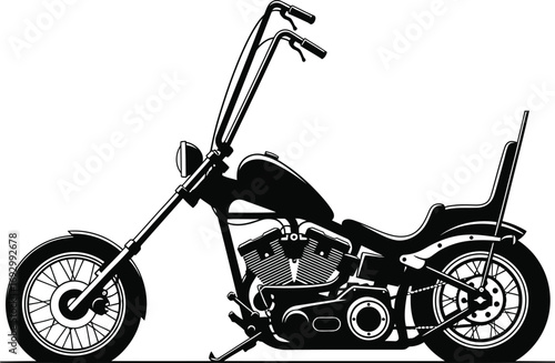 Illustration of a black and white chopper motorcycle with high handlebars isolated on white background