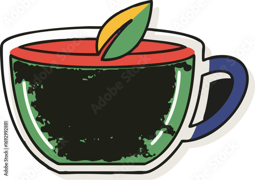Illustration of Tea Cup Vector with Green Yellow Leaf Modern Colorful Design