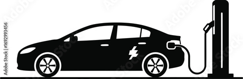 Silhouette of an electric car charging at a station isolated on white background, showcasing ecofriendly transportation