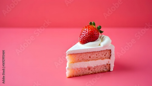 Strawberry cake slice on pink background perfect for celebration and dessert time