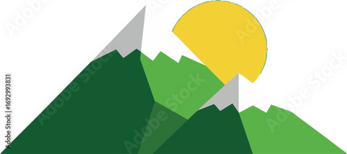 Mountain Landscape Vector Illustration with Geometric Design and Yellow Sun in Green Tones