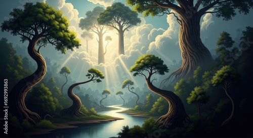 Fantasy Forest Landscape with River and Sunlight