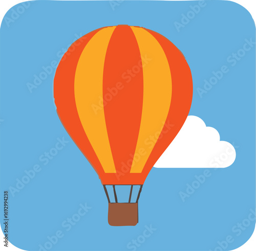 Illustration Art Vector of Orange Hot Air Balloon with Yellow Stripes and a Cloud on Blue Background