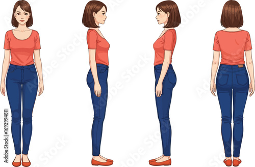 Full body view of a young woman shown from front, side, and back.