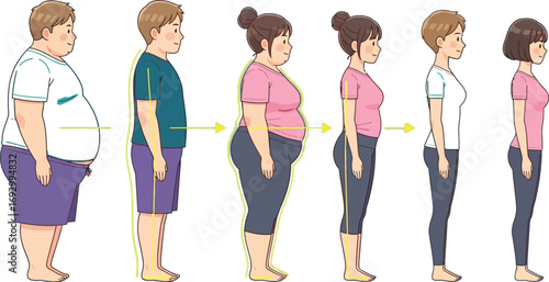 Visual journey of weight loss transformation, showing gradual progress towards a healthy body.