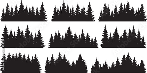 nine horizontal black silhouette strips of dense pine tree forests