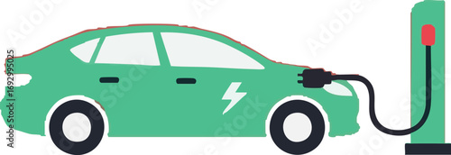 Electric Car Vector Illustration with Charging Station Modern Design