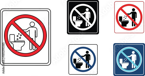 Clear warning signs prohibiting littering in toilets, conveying a message of hygiene and proper waste disposal.