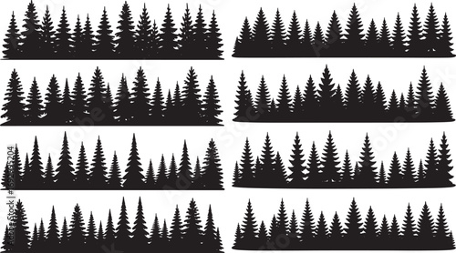Silhouettes of dense evergreen forest landscapes in a repeating pattern