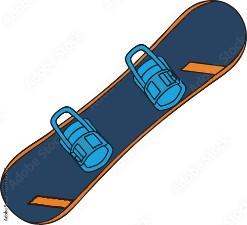 Vector Illustration of a Snowboard with Bindings in Blue and Orange for Winter Sports Design