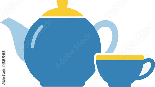 Vector Illustration of Tea Pot and Cup Modern Style Blue and Yellow Graphic