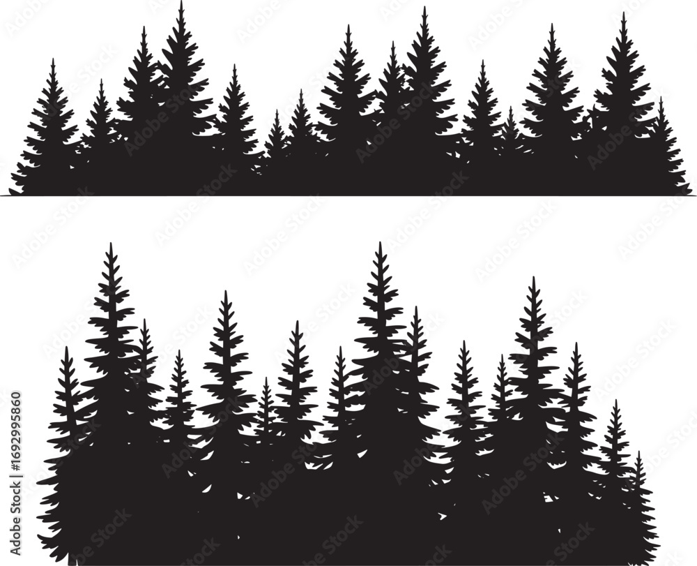 Obraz premium Pine Tree Forest Silhouettes Collection | Nature Landscape Vector Backgrounds and Design Elements on White