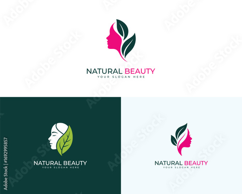 Natural beauty logo design featuring woman's face profile and green leaves emblem vector