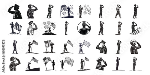 Collection of military and patriotic figures saluting and holding flags demonstrating respect and honor vector
