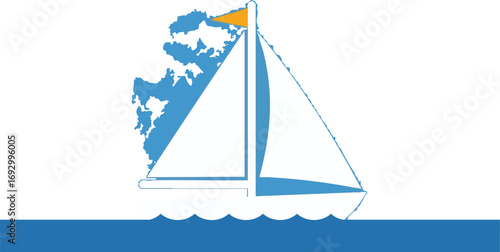 Modern Vector Illustration of Sailboat with Blue Island and Minimalist Waves
