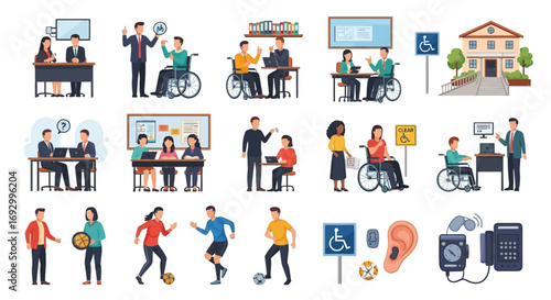 Diverse set of illustrations depicting people with disabilities in various daily life scenarios.