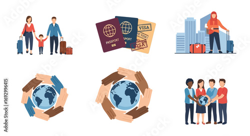 Diverse set of illustrations depicting global travel, migration, and unity among people.