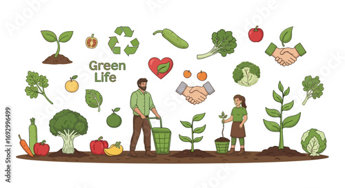 Green Life Concept with People Gardening and Fresh Produce.