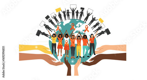 Diverse people united around the globe, supported by helping hands.
