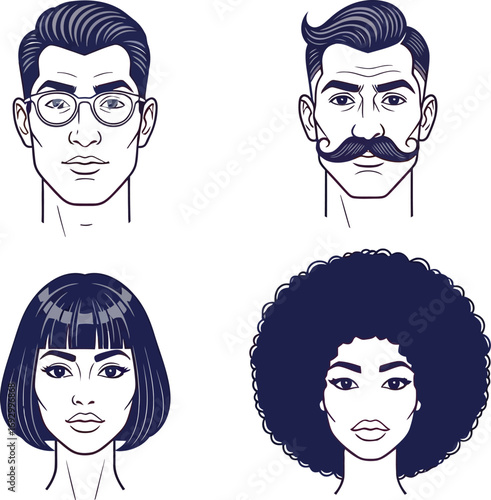 Diverse group of stylized faces showcasing different hairstyles and expressions, representing individuality and modern style