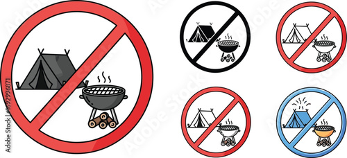 Prohibition signs for camping and barbecuing, signifying restricted outdoor activities.