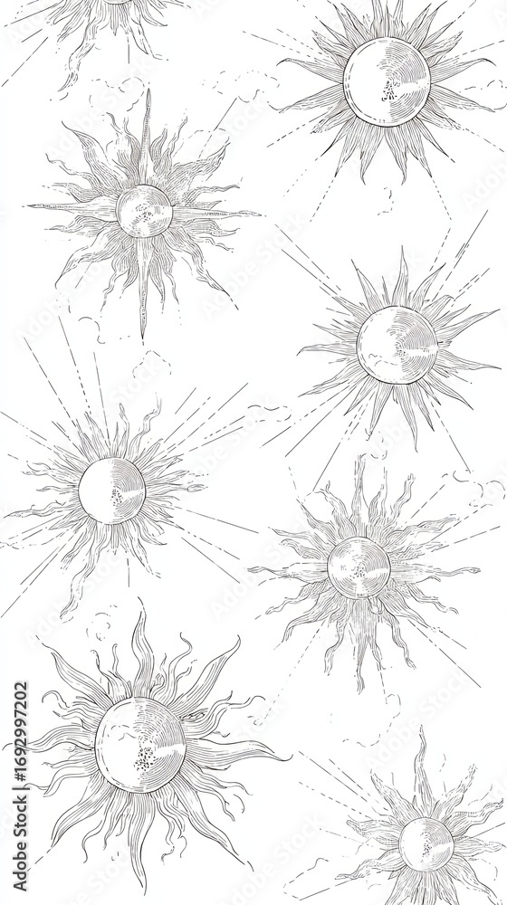 Obraz premium Vintage Sun Illustrations Seamless Pattern