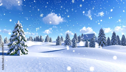 A picturesque winter scene depicts a snowy landscape under a bright blue sky dotted with fluffy white clouds. 