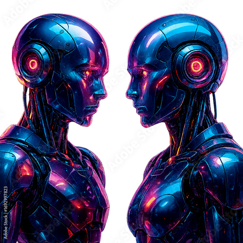 Futuristic humanoid robots face to face in neon cyberpunk style, sci fi androids with glowing metallic surfaces, digital 4K illustration of artificial intelligence and cybernetic design