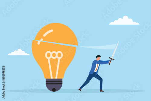 Vector illustration of a businessman slicing a large light bulb with a sword, symbolizing innovative thinking, breaking barriers, problem solving, and bold ideas in business
